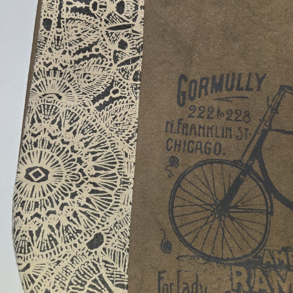 MYRA Bicycle Print Canvas/ Leather Tote Bag S-0935 18" X 13"  12"handles - Picture 3 of 15